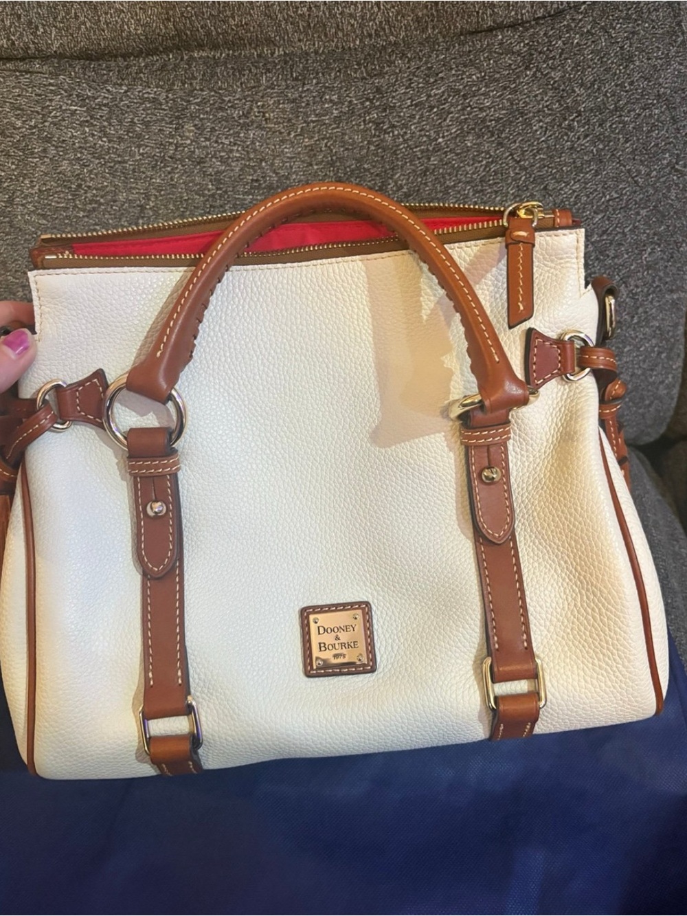 Dooney & Bourke White Pebble Leather Satchel with Brown Trim